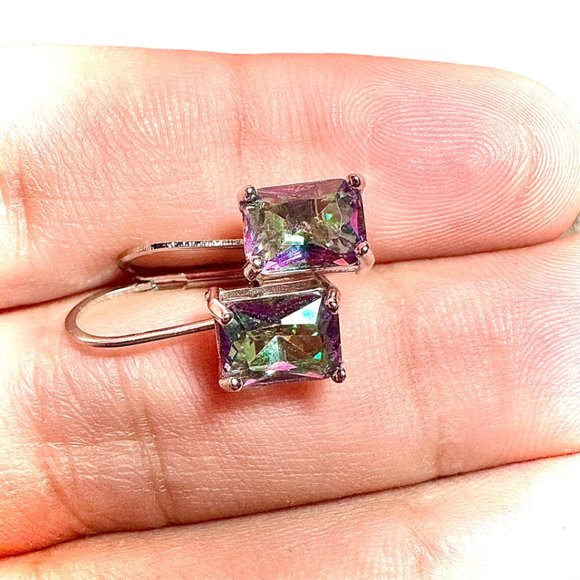 Emerald Cut Rainbow Mystic Topaz Dangle Earrings for Women SIlver Plated - Picture 6 of 10